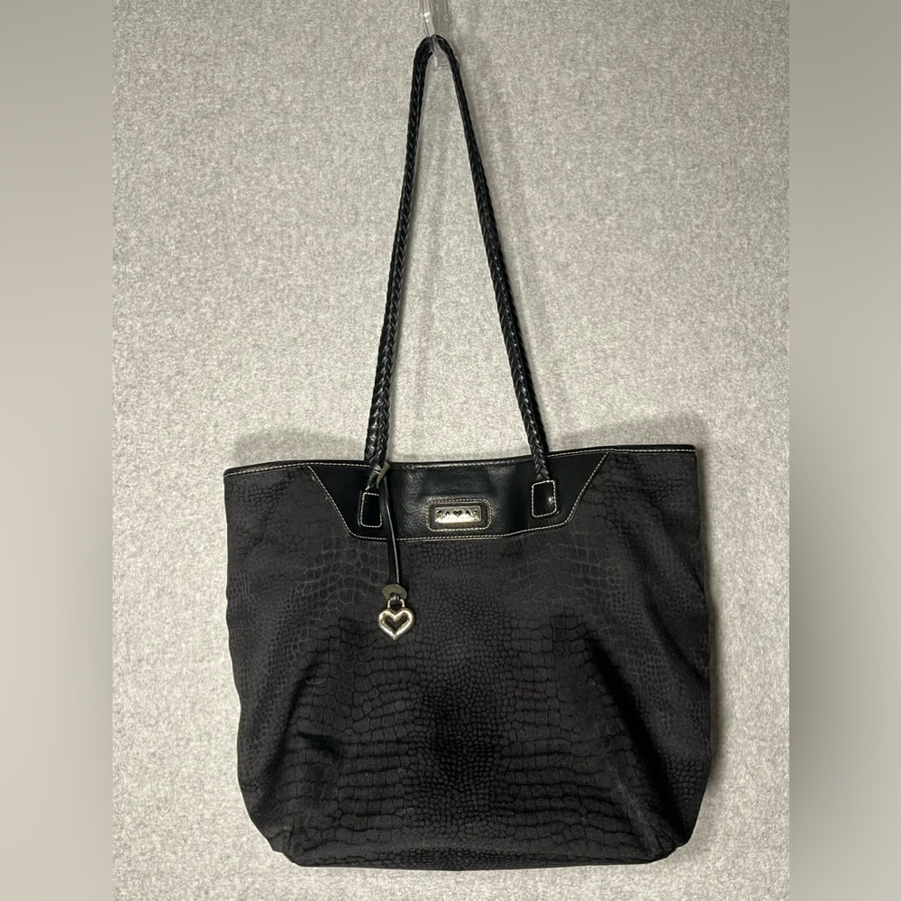 Brighton Black Tote Shoulder Bag Purse Leather & Reptile Print Fabric Medium
